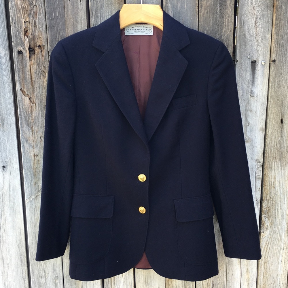 Vintage 80’s H. Freeman & Son Gold Button Wool Blazer Navy Blue